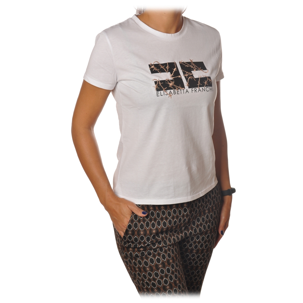 Elisabetta Franchi - Short Sleeve Round Neck T-Shirt Logo - White - T ...