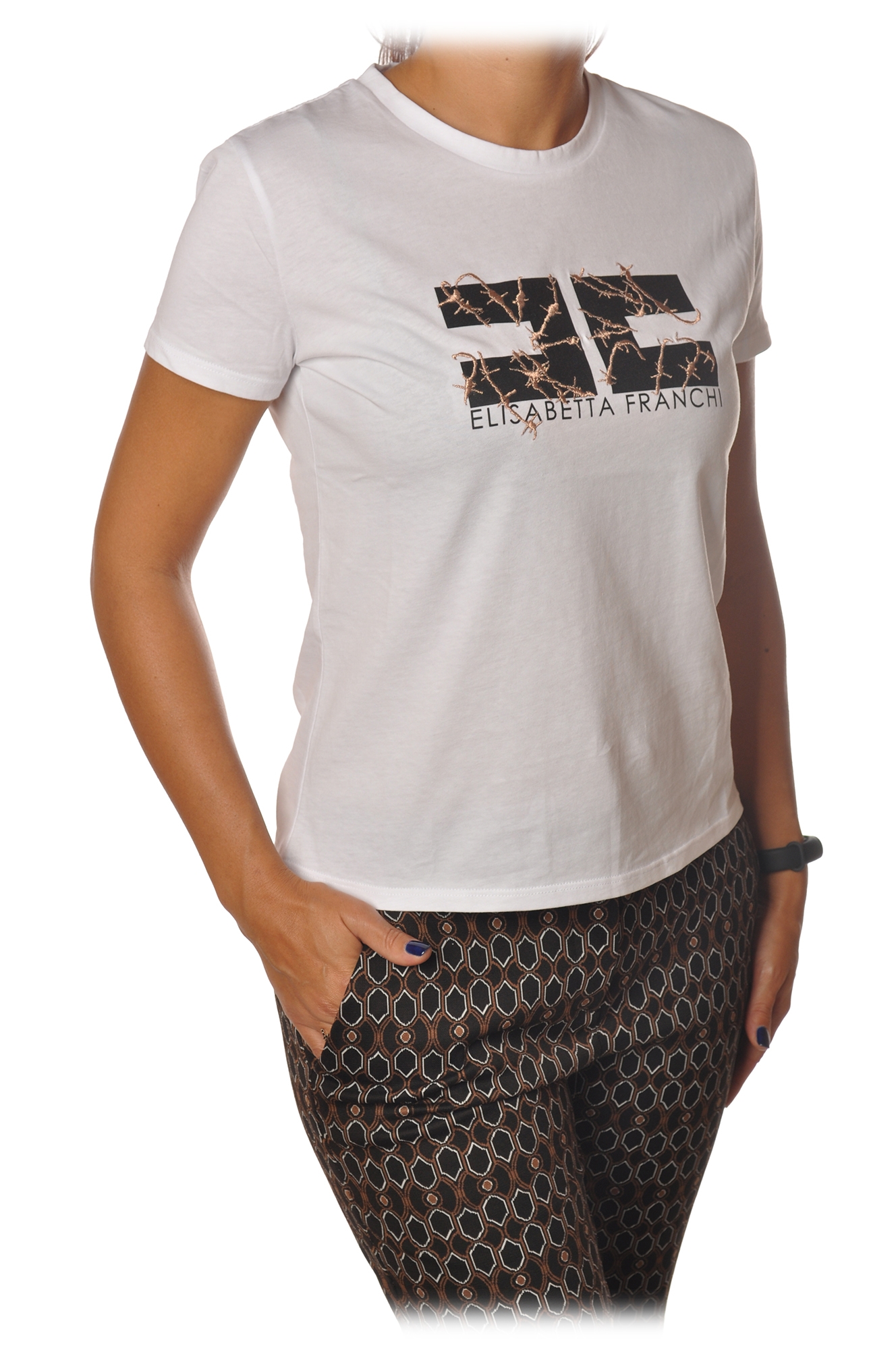 Elisabetta Franchi - Short Sleeve Round Neck T-Shirt Logo - White 