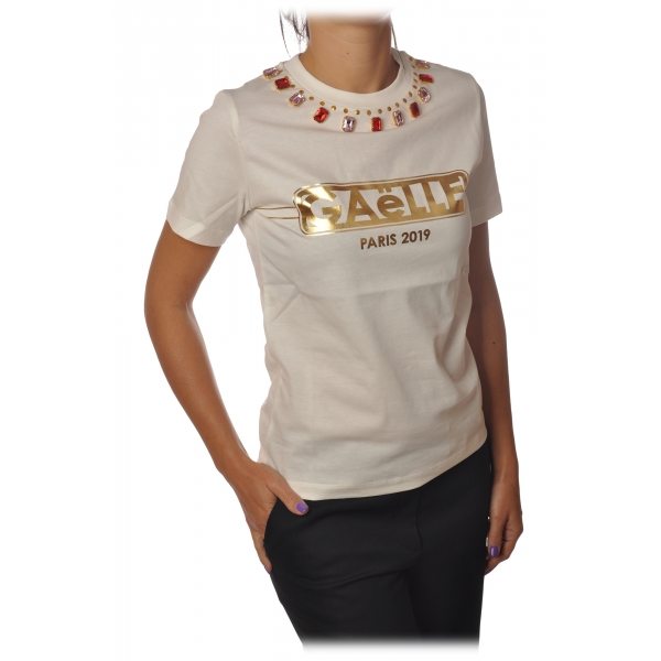 Gaëlle Paris - T-Shirt Girocollo Manica Corta - Panna - T-Shirt - Made in Italy - Luxury Exclusive Collection