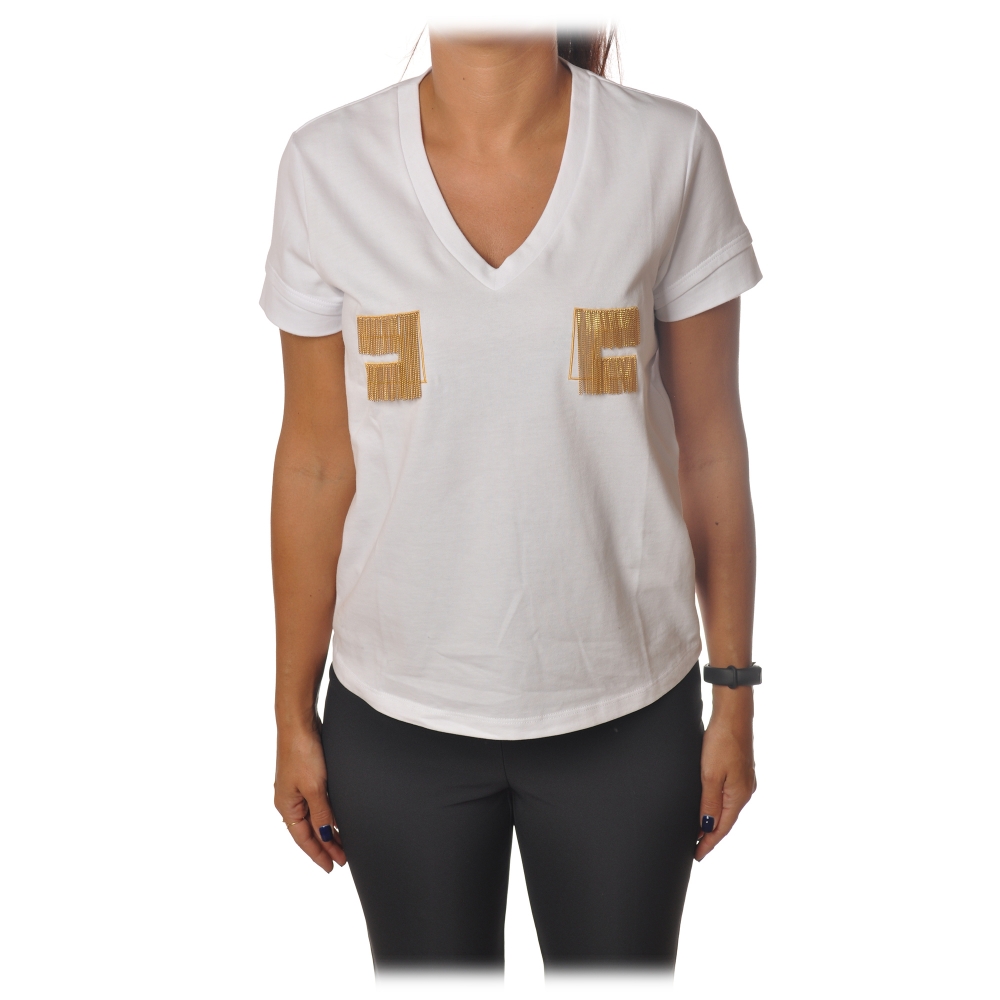 Elisabetta Franchi - Short Sleeve Round Neck T-Shirt Logo - White - T