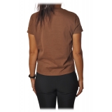 Elisabetta Franchi - Short Sleeve Round Neck T-Shirt Logo - Chocolate - T-Shirt - Made in Italy - Luxury Exclusive Collection