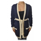 Elisabetta Franchi - Long Cardigan with Belt - Blue Navy - Sweater - Made in Italy - Luxury Exclusive Collection