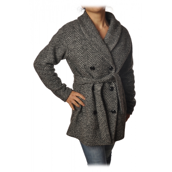 Woolrich -  Cappotto in Lana con Cintura - Black Herringbone - Giacca - Luxury Exclusive Collection