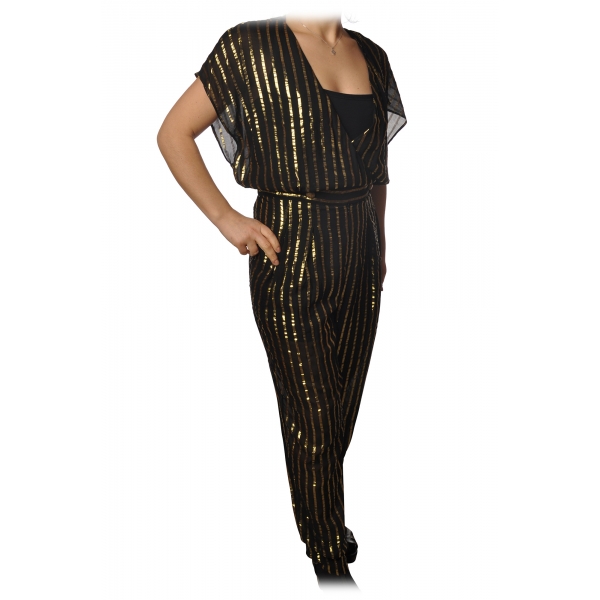 Patrizia Pepe - Jumpsuit Model Wide Trousers in Pinstripe - Black/Gold - Dress - Made in Italy - Luxury Exclusive Collection