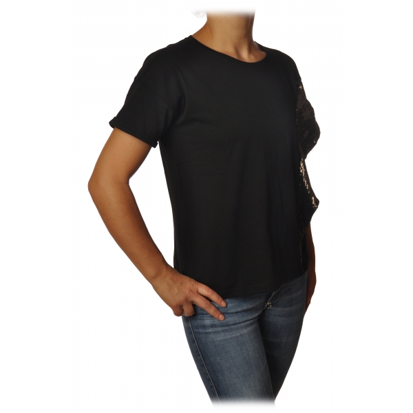 Patrizia Pepe - T-shirt Crew-neck Model with Ruffles of Sequins - Black - T-shirt - Made in Italy - Luxury Exclusive Collection