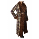 Pinko - Long Coat Orario with Fur - Brown/Purple - Jacket - Made in Italy - Luxury Exclusive Collection