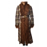 Pinko - Long Coat Orario with Fur - Brown/Purple - Jacket - Made in Italy - Luxury Exclusive Collection