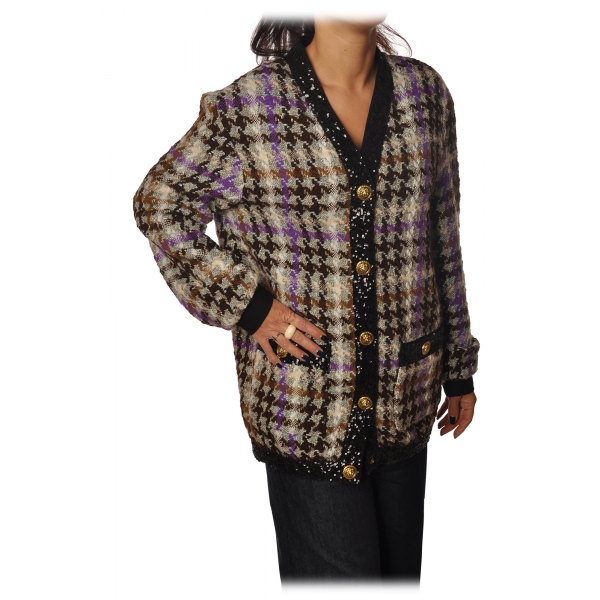 Pinko - Cardigan Rain with Long Sleeve and Gold Buttons - Brown/Purple - Sweater - Made in Italy - Luxury Exclusive Collection
