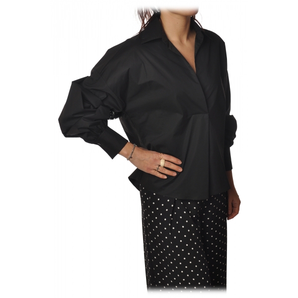 Pinko - Shirt Vegetariana Oversized with Collar and Deep Neckline - Black - Shirt - Made in Italy - Luxury Exclusive Collection