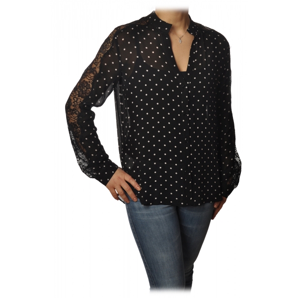 Pinko - Shirt Marronglace with Sleeves in Lace and Pois Pattern - Black - Shirt - Made in Italy - Luxury Exclusive Collection