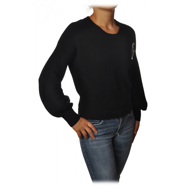 Pinko - Sweater Chissa Crewneck with Jewel Brooch - Black - Sweater - Made in Italy - Luxury Exclusive Collection