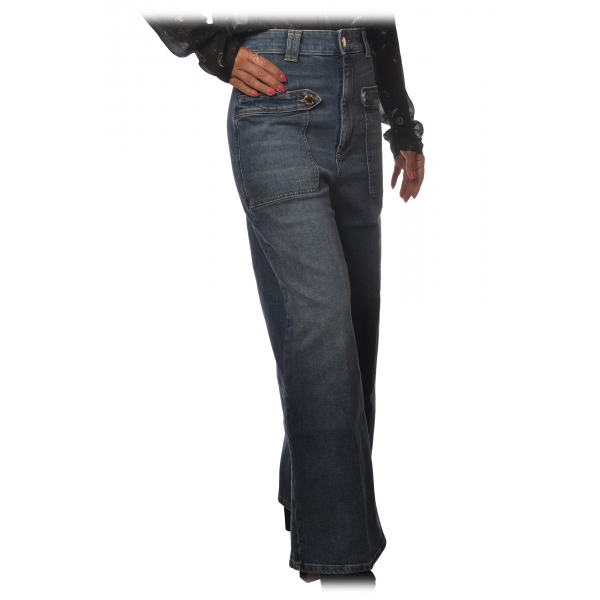 Pinko - Wide Leg Jeans Parker1 with Rectangular Pockets - Dark Denim - Trousers - Made in Italy - Luxury Exclusive Collection