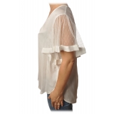 Twinset - Blusa Scollo a V Manica Corta in Tulle - Bianco - Camicia - Made in Italy - Luxury Exclusive Collection