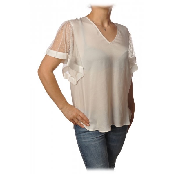 Twinset - V-neck Blouse Short Sleeves in Tulle - White - Shirt - Made in Italy - Luxury Exclusive Collection