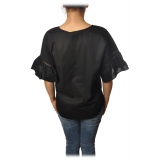 Twinset - Crew-neck Shirt with Short Sleeves and Frill - Black - Shirt - Made in Italy - Luxury Exclusive Collection