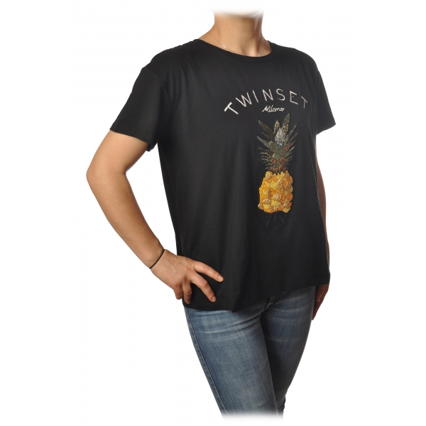 Twinset - T-shirt con Ricamo Ananas e Scritta Twinset - Nero - T-shirt - Made in Italy - Luxury Exclusive Collection