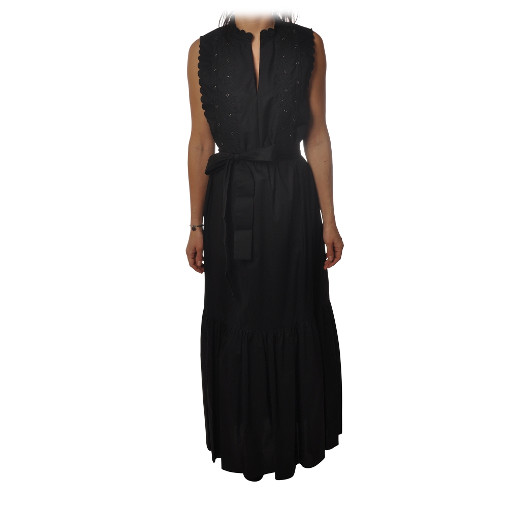 Twinset - Long Dress with Embroidered Bib - Black - Dress - Made in ...