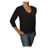 Twinset - V-neck Sweater with Fringes Detail - Black - Knitwear - Made in Italy - Luxury Exclusive Collection