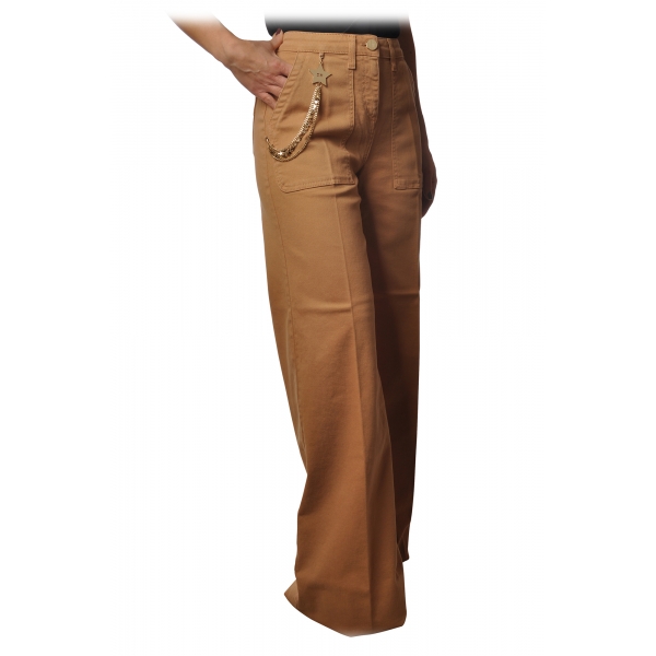 Elisabetta Franchi - Wide Leg Trousers with Chain - Camel - Trousers - Made in Italy - Luxury Exclusive Collection