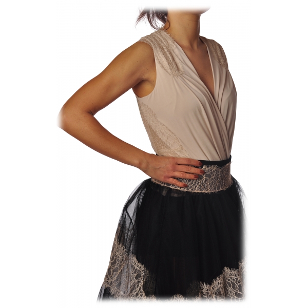 Elisabetta Franchi - Body with Back in Tulle - Ivory - Top - Made in Italy - Luxury Exclusive Collection