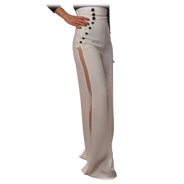 Elisabetta Franchi - Trousers with Visible Buttons - Ivory - Trousers - Made in Italy - Luxury Exclusive Collection