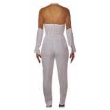 Elisabetta Franchi - V-neckline Jumpsuit with Tulle - Ivory - Dress - Made in Italy - Luxury Exclusive Collection