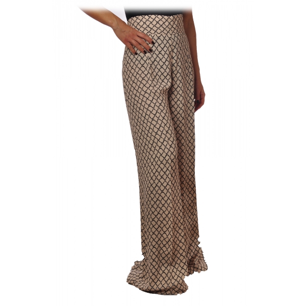 Elisabetta Franchi - Palazzo Trousers in Pattern - Vanilla/Black - Trousers - Made in Italy - Luxury Exclusive Collection