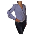 Elisabetta Franchi - Pinstripe Shirt Cross Neckline - White/LightBlue - Top - Made in Italy - Luxury Exclusive Collection