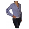 Elisabetta Franchi - Camicia Gessata Scollo Incrociato - Bianco/Azzurro - Top - Made in Italy - Luxury Exclusive Collection