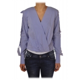 Elisabetta Franchi - Pinstripe Shirt Cross Neckline - White/LightBlue - Top - Made in Italy - Luxury Exclusive Collection