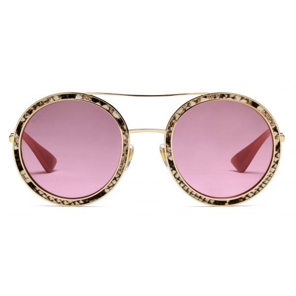 Gucci - Round Sunglasses with Leather - Gold Pink - Gucci Eyewear