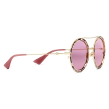 Gucci - Occhiali da Sole Rotondi con Dettagli in Pelle - Oro Rosa - Gucci Eyewear