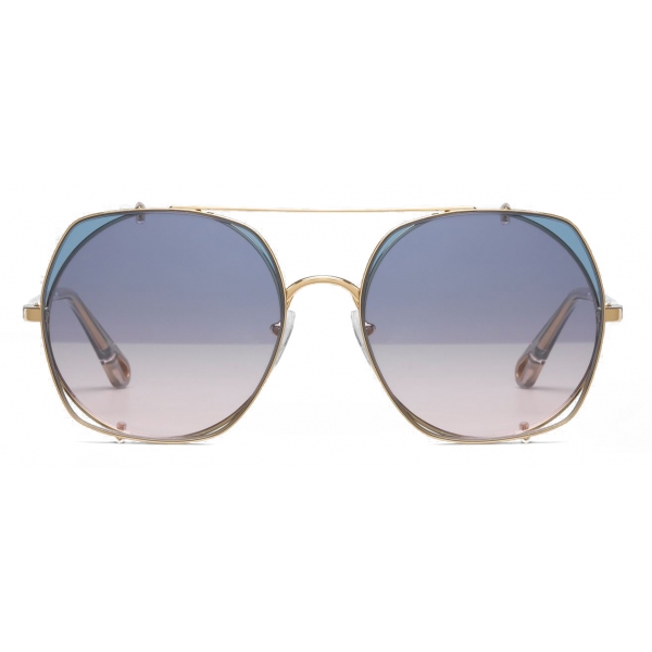 Chloé - Demi Metal Sunglasses with Round Base & Square Clip-On Lenses - Gold Azure Pink - Chloé Eyewear