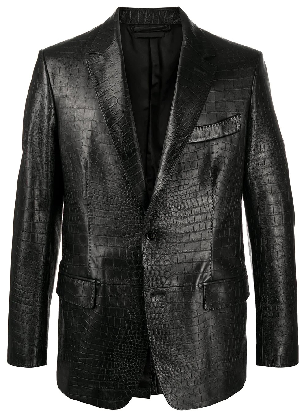 Black Croc Embossed Leather Jacket fur trim hood