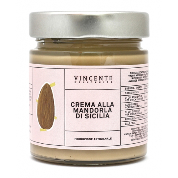 Vincente Delicacies - Crema alla Mandorla d’Avola di Sicilia - Creme Spalmabili Artigianali - 180 g