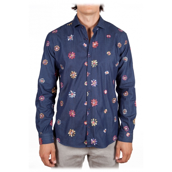 Poggianti 1985 - Denim Shirt with Embroidery - Handmade in Italy - New Luxury Exclusive Collection
