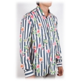 Poggianti 1985 - Striped Shirt with Floral Pattern Soft Collar - Handmade in Italy - New Luxury Exclusive Collection