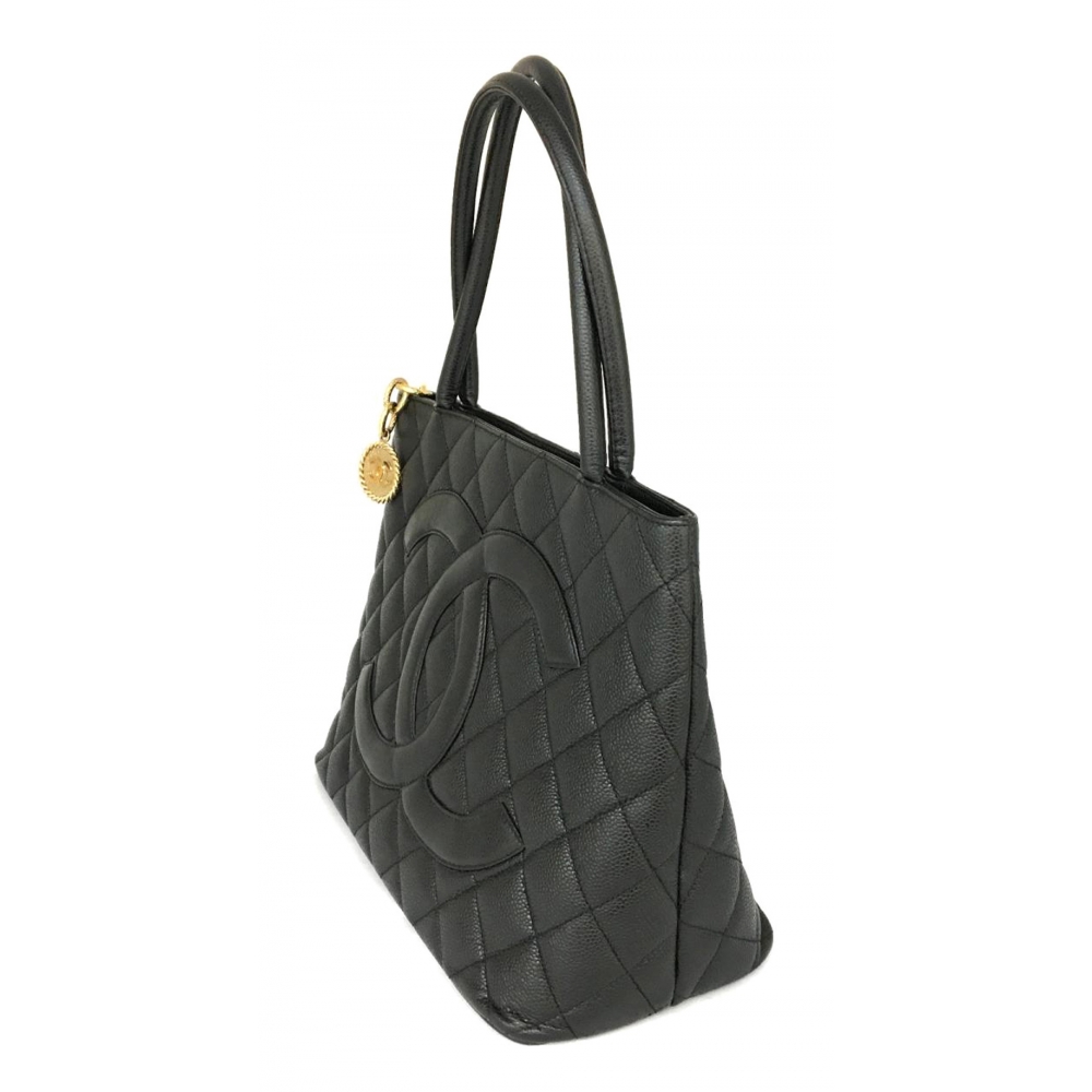 Chanel Medallion Vintage Tote Bag In Black Quilted Caviar Leather