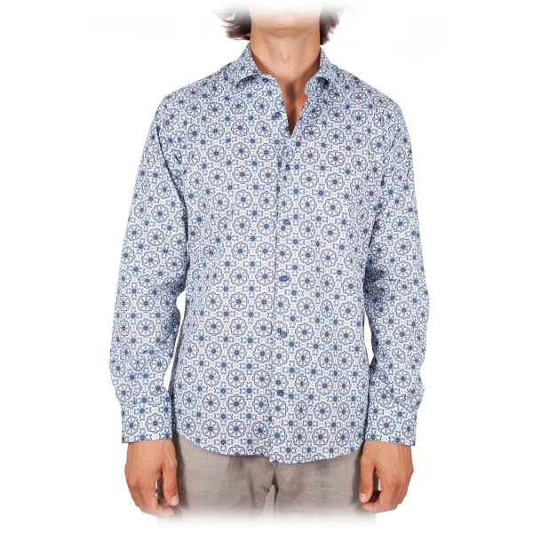 Poggianti 1985 - Blue Soft Collar Patterned Shirt - Handmade in Italy - New Luxury Exclusive Collection