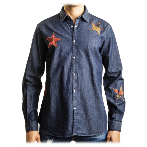 Poggianti 1985 - Denim Shirt with Patchwork Stars - Handmade in Italy - New Luxury Exclusive Collection