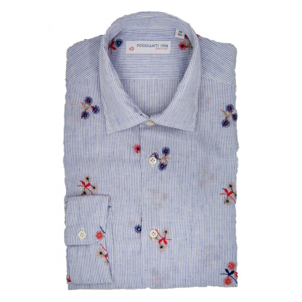 Poggianti 1985 - Camicia Fantasia Collo Morbido Azzurro - Handmade in Italy - New Luxury Exclusive Collection
