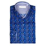 Poggianti 1985 - Camicia Fantasia Collo Morbido Azzurro/Bianco - Handmade in Italy - New Luxury Exclusive Collection