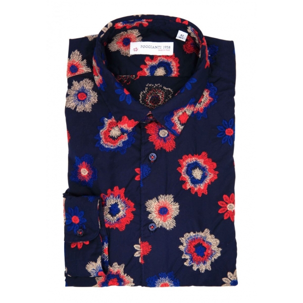 Poggianti 1985 - Blue Soft Collar Fantasy Shirt - Handmade in Italy - New Luxury Exclusive Collection