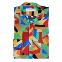 Poggianti 1985 - Camicia Fantasia Geometrica Multicolor, Collo Coreano - Handmade in Italy - New Luxury Exclusive Collection