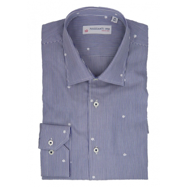 Poggianti 1985 - White / Blue Striped Shirt Classic Collar - Handmade in Italy - New Luxury Exclusive Collection