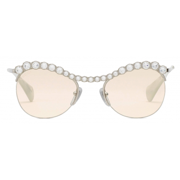 Gucci - Cat-Eye Sunglasses with Crystals - Silver Yellow - Gucci Eyewear