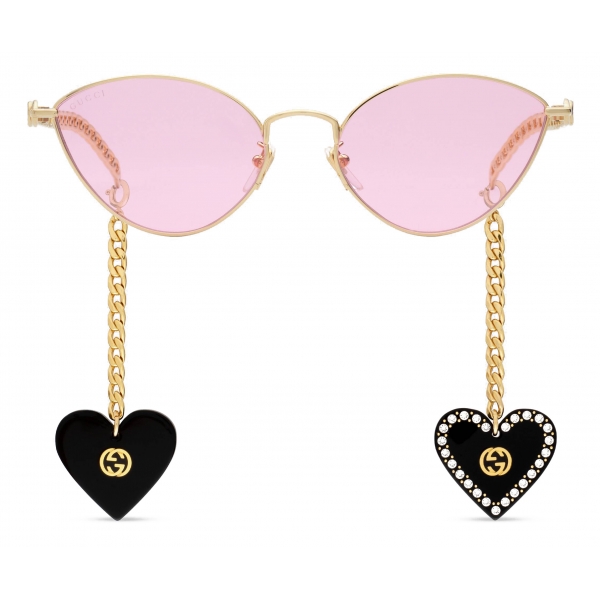 Gucci - Cat-Eye Sunglasses with Heart Shaped Charms - Gold Pink - Gucci Eyewear