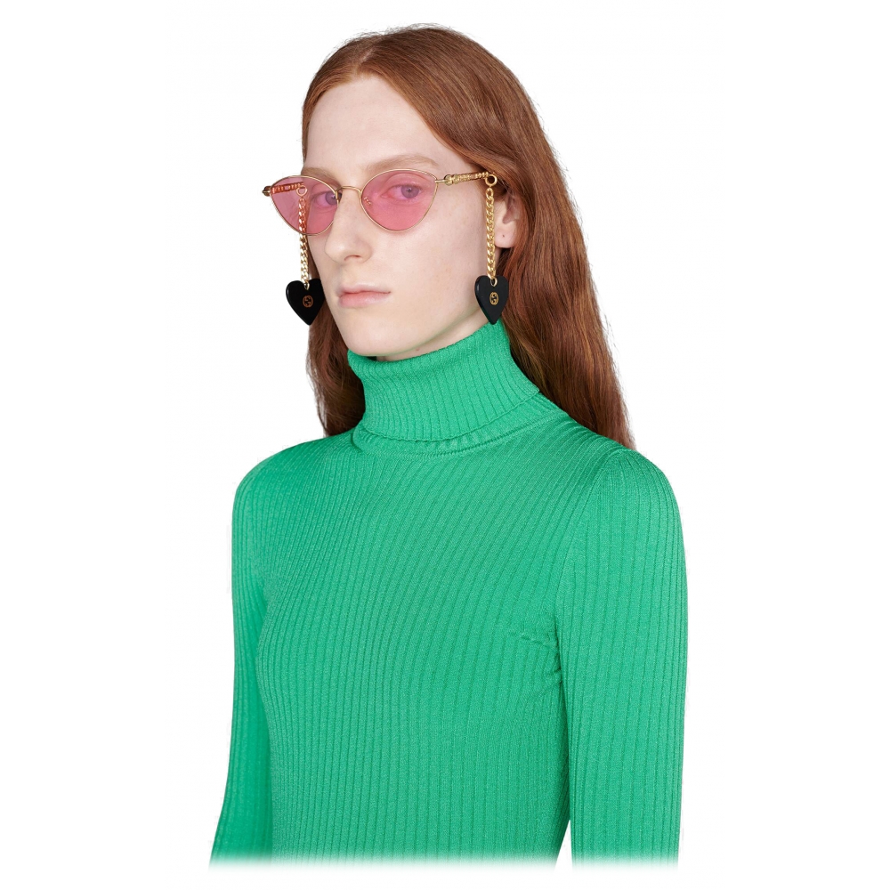 Gucci - Cat-Eye Sunglasses with Heart Shaped Charms - Gold Pink - Gucci  Eyewear - Avvenice