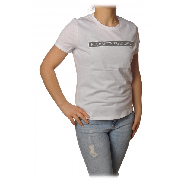 Elisabetta Franchi - T-Shirt Girocollo Manica Corta Logo - Gesso - T-Shirt - Made in Italy - Luxury Exclusive Collection