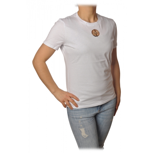 Elisabetta Franchi - T-Shirt with Perforated Metallic Logo - White - T-Shirt - Made in Italy - Luxury Exclusive Collection